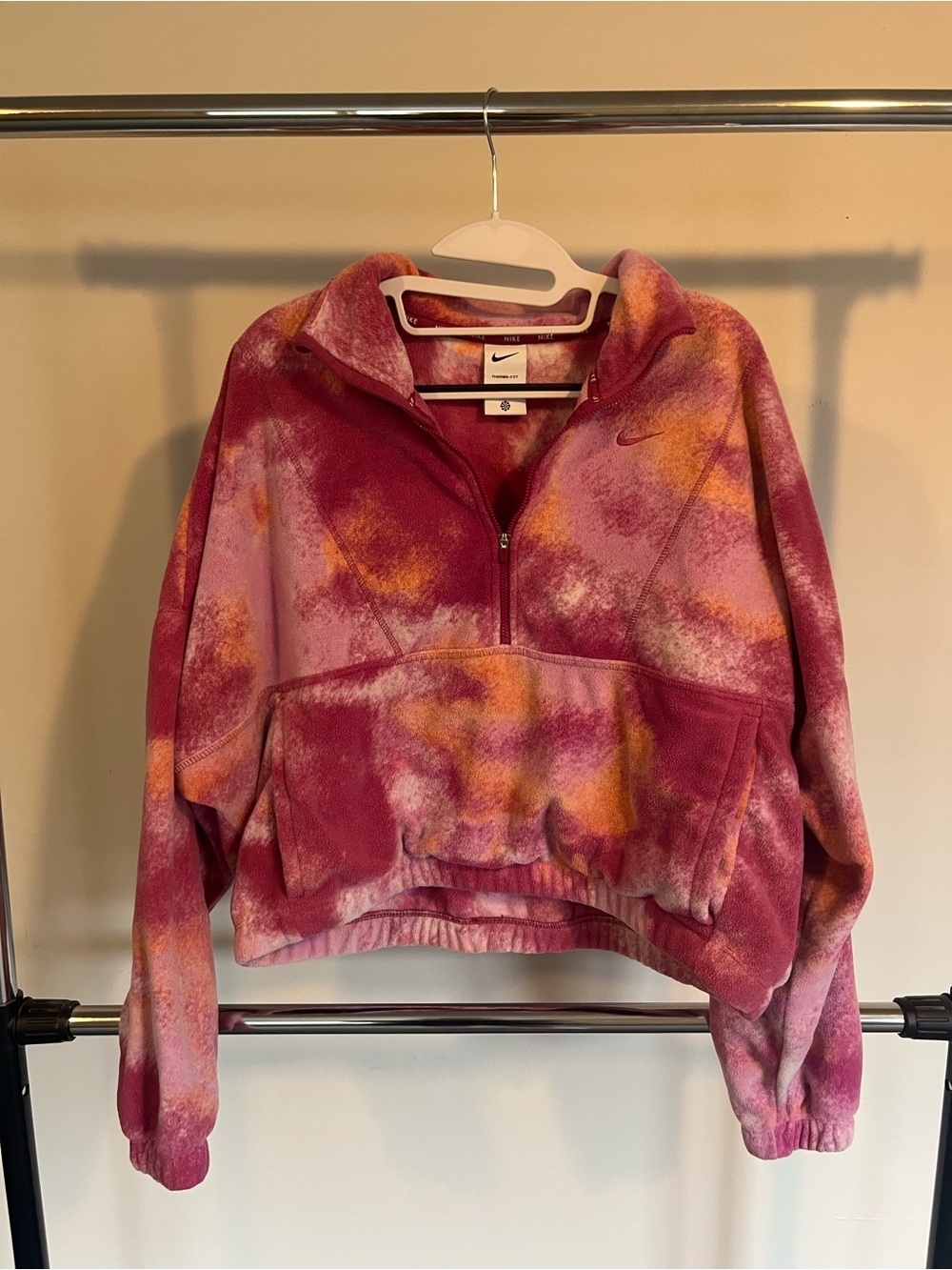 Nike Women's Pink and Orange Tie-Dye Quarter-Zip Fleece cropped Sweatshirt